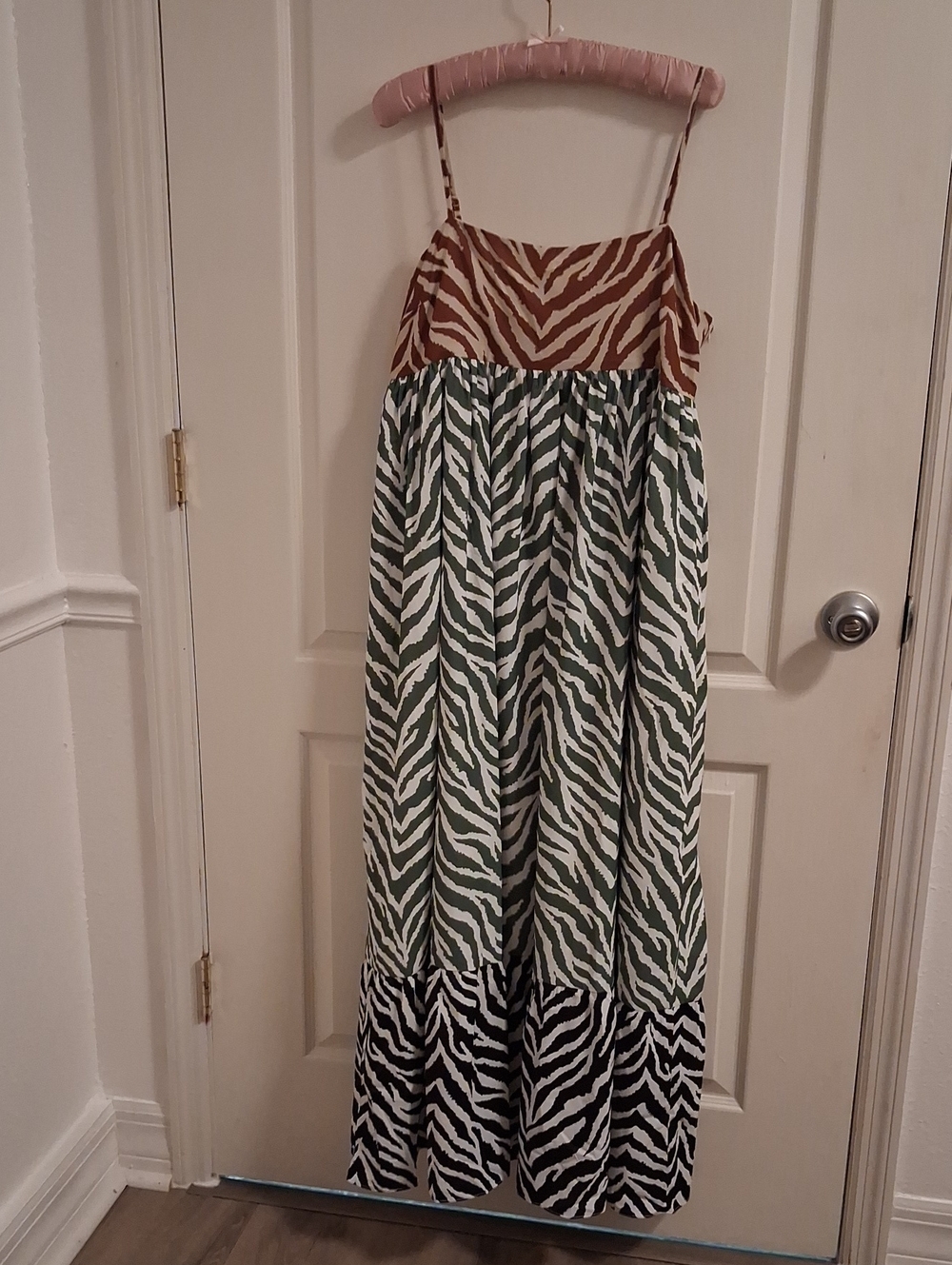 ' Tiered Zebra-Print Maxi Dress in Brown, Green, and Black